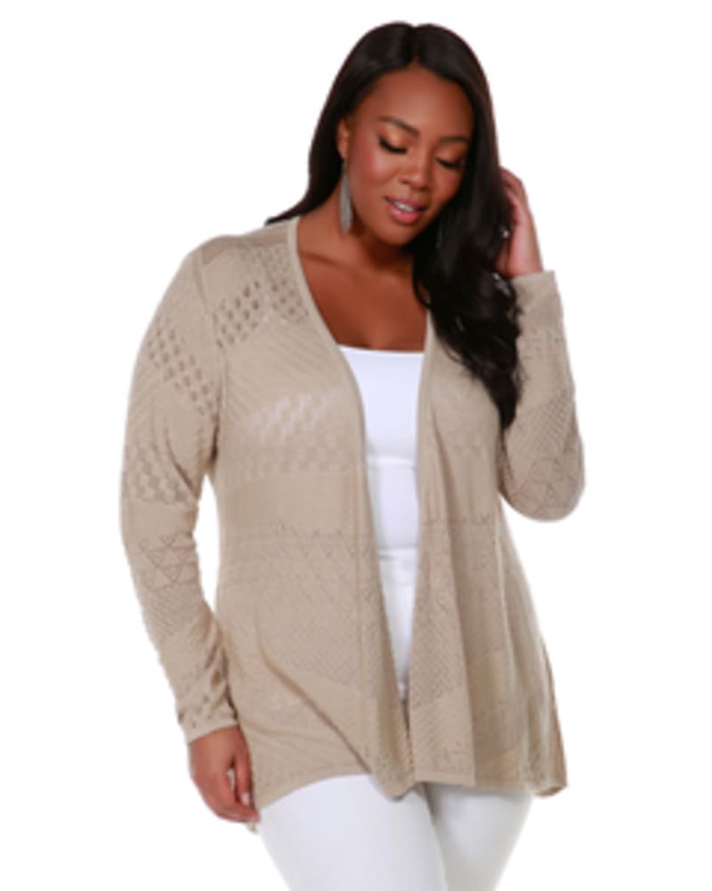 Front of a model wearing a size 1X Pointelle-Knit Open-Front Cardigan in FLAX by Belldini Black Label. | dia_product_style_image_id:245949